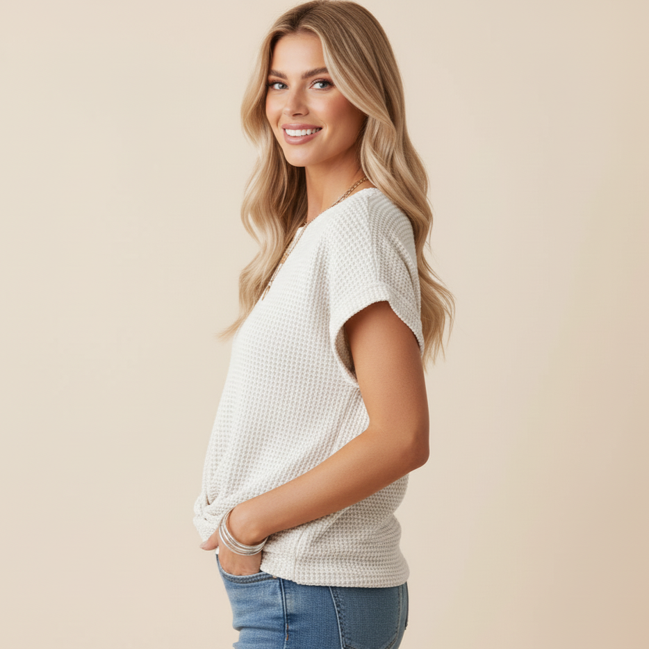 Waffle Knit Top - Relaxed Fit with Knotted Hem | Inna