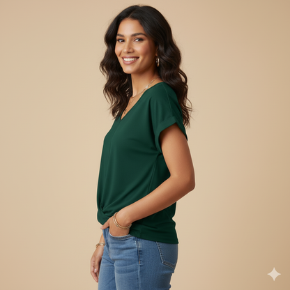 Relaxed Fit V-Neck Blouse - Twist Front Short Sleeve | Verona