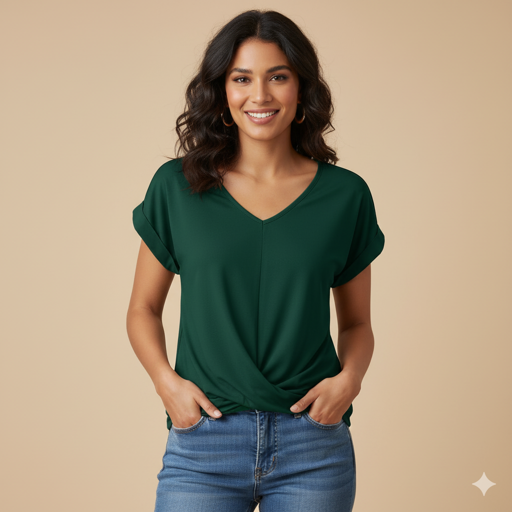 Relaxed Fit V-Neck Blouse - Twist Front Short Sleeve | Verona
