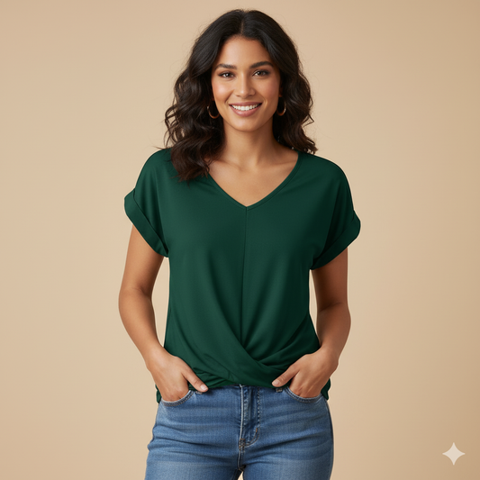 Relaxed Fit V-Neck Blouse - Twist Front Short Sleeve | Verona