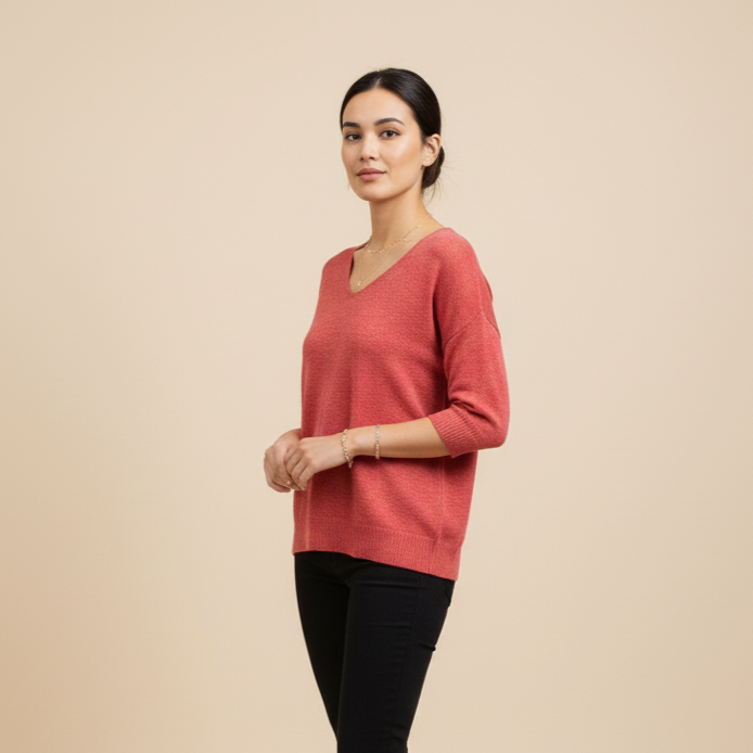 Breathable V-Neck Tunic Top - Everyday Loose Fit Sweater | Coral