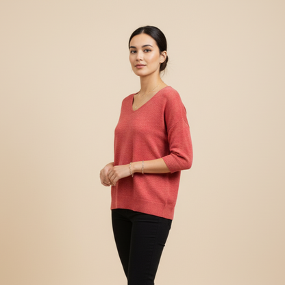 Breathable V-Neck Tunic Top - Everyday Loose Fit Sweater | Coral
