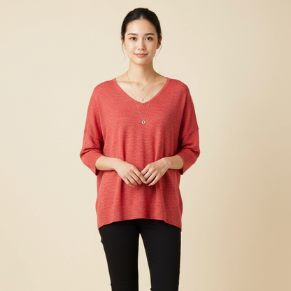Breathable V-Neck Tunic Top - Everyday Loose Fit Sweater | Coral