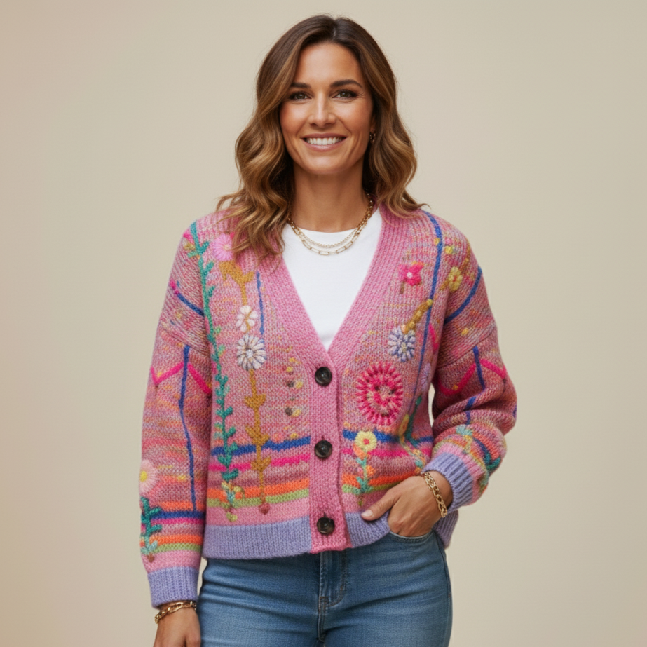 Floral Print Chunky Cardigan - Vintage V-Neck | Emeralda