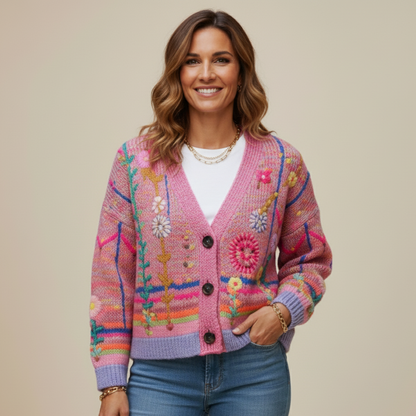 Floral Print Chunky Cardigan - Vintage V-Neck | Emeralda