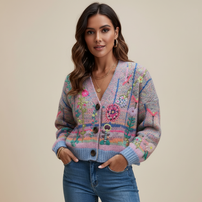 Floral Print Chunky Cardigan - Vintage V-Neck | Emeralda