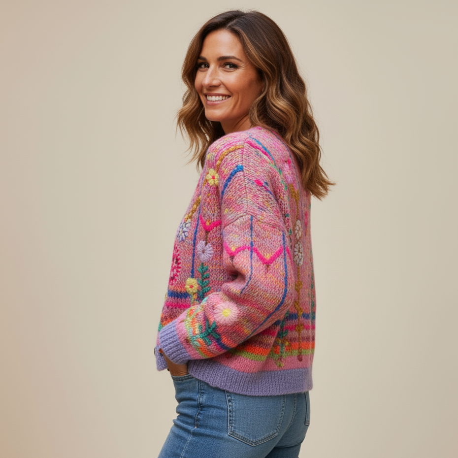 Floral Print Chunky Cardigan - Vintage V-Neck | Emeralda